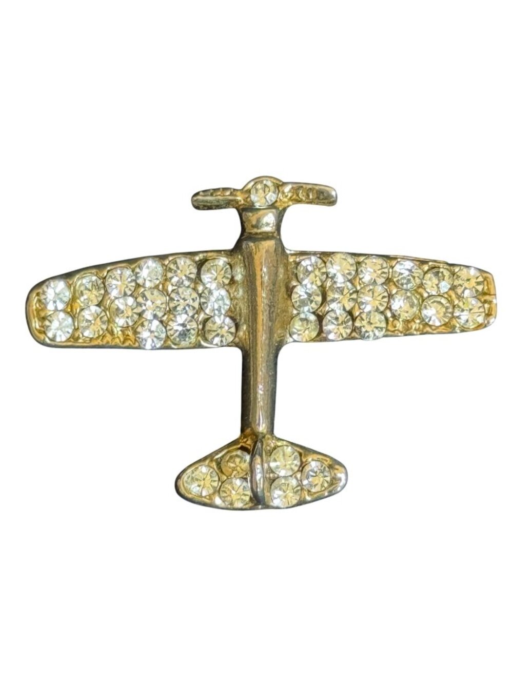 Gold-Tone Airplane Brooch Clear Rhinestones Vintage-Inspired Pin-Back Closure